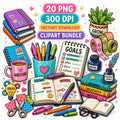 Planner Clipart Bundle, 20 PNG Journal Elements, Cute Productivity Clipart, Planner Stickers, Digital Scrapbooking PNG