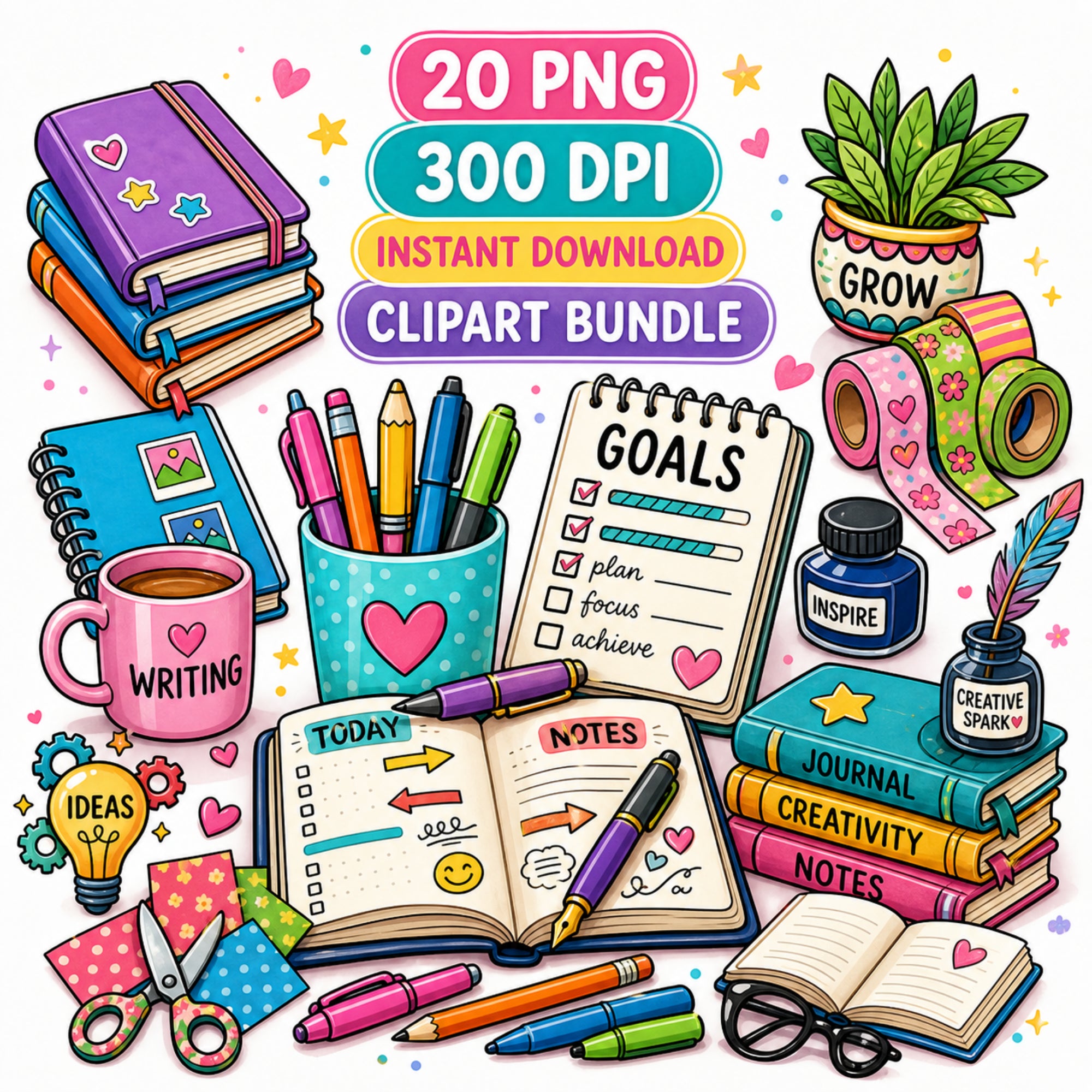 Planner Clipart Bundle, 20 PNG Journal Elements, Cute Productivity Clipart, Planner Stickers, Digital Scrapbooking PNG