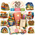 Book Lover Clipart Bundle, 20 PNG Reading & Journaling Elements, Cozy Reader Clipart, Planner Stickers, Commercial Use
