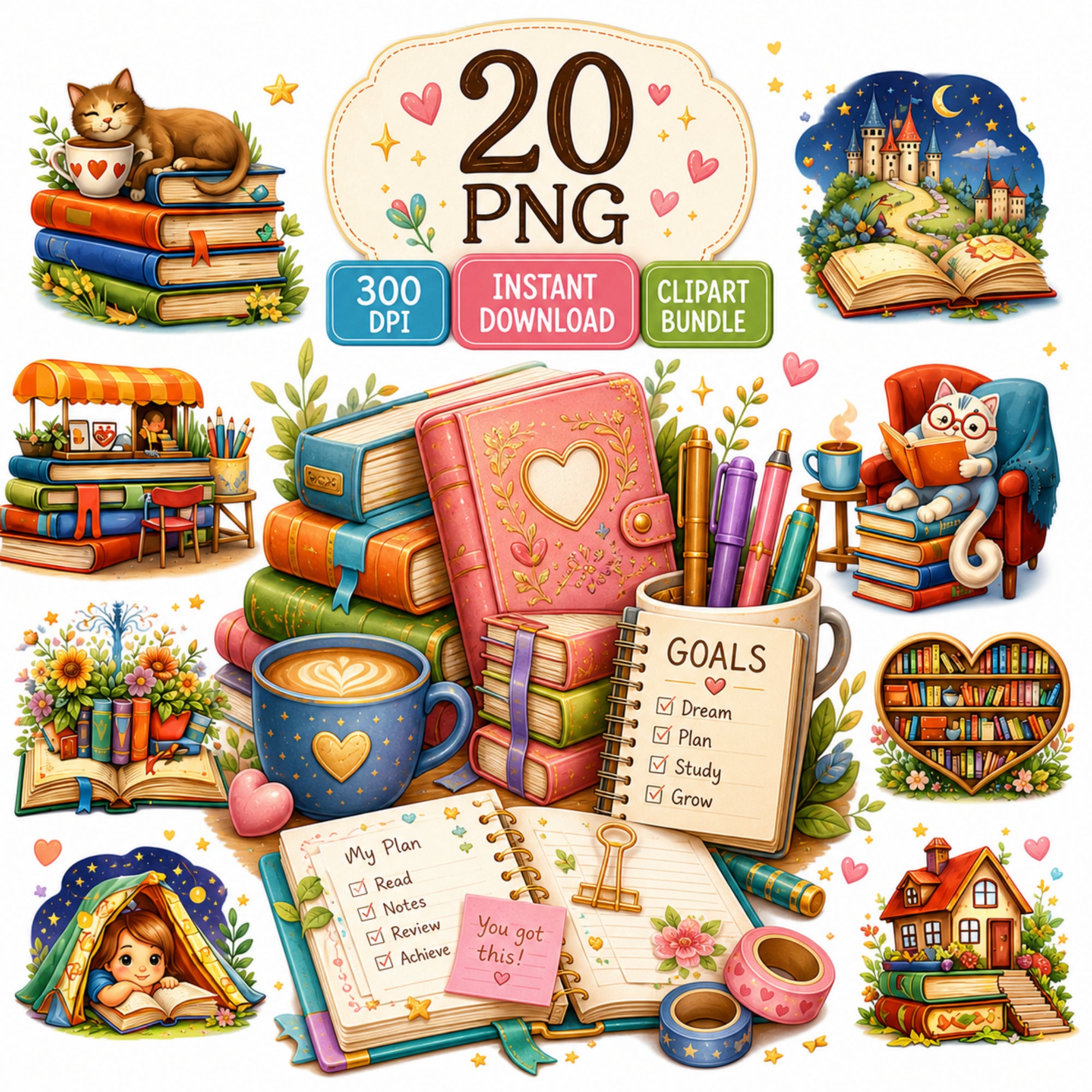 Book Lover Clipart Bundle, 20 PNG Reading & Journaling Elements, Cozy Reader Clipart, Planner Stickers, Commercial Use