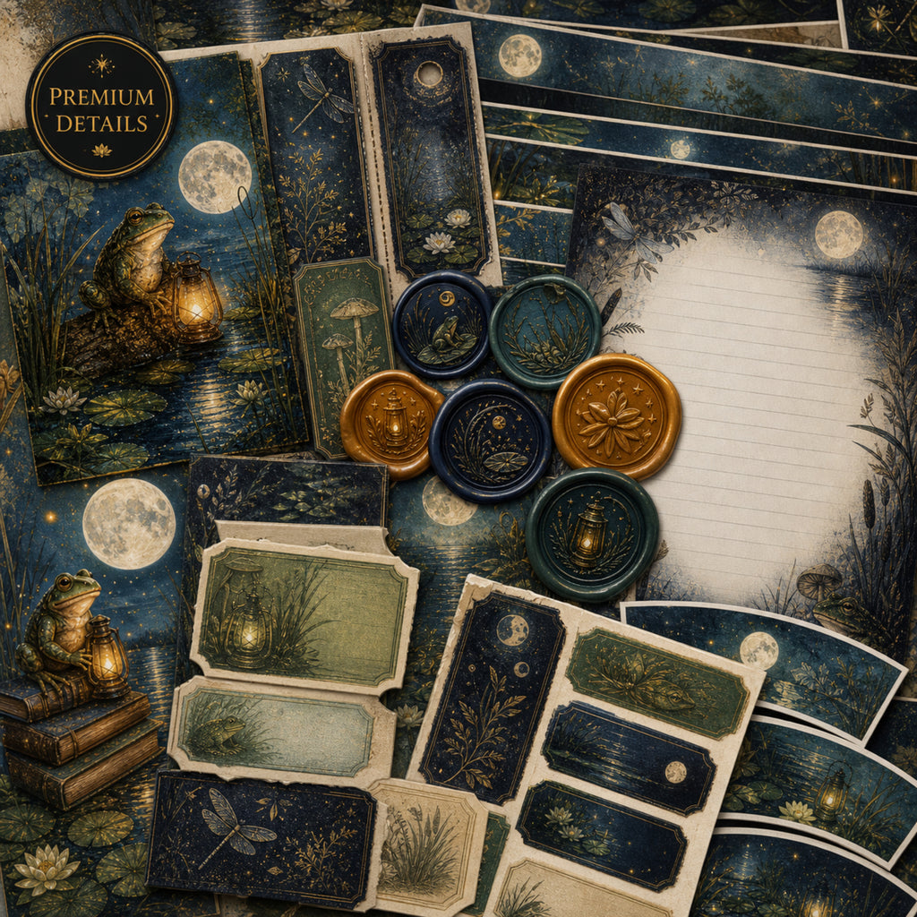 Night Marsh Junk Journal Kit, 81 Page Printable Ephemera Bundle, Frog Journal Kit, Moonlit Marsh Journal Pages, 500 Elements