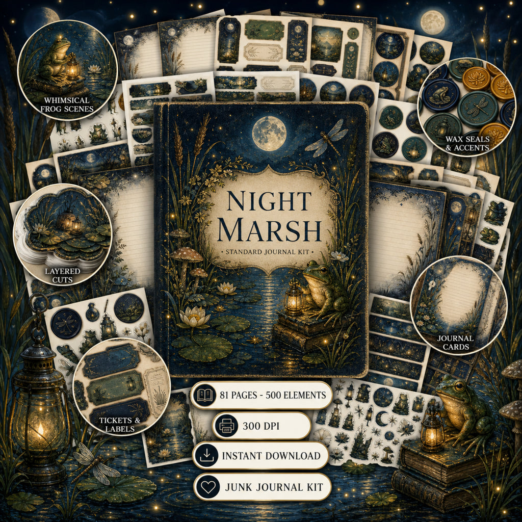 Night Marsh Junk Journal Kit, 81 Page Printable Ephemera Bundle, Frog Journal Kit, Moonlit Marsh Journal Pages, 500 Elements