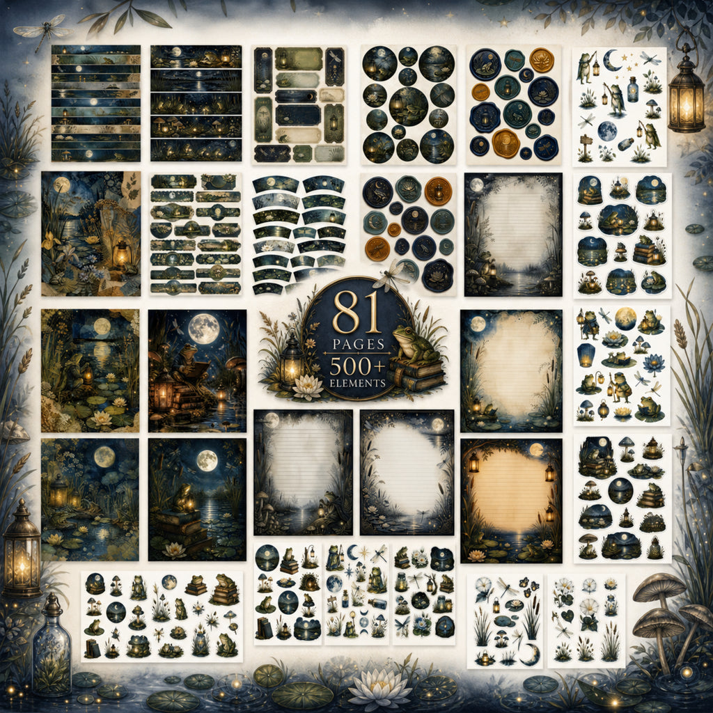 Night Marsh Junk Journal Kit, 81 Page Printable Ephemera Bundle, Frog Journal Kit, Moonlit Marsh Journal Pages, 500 Elements