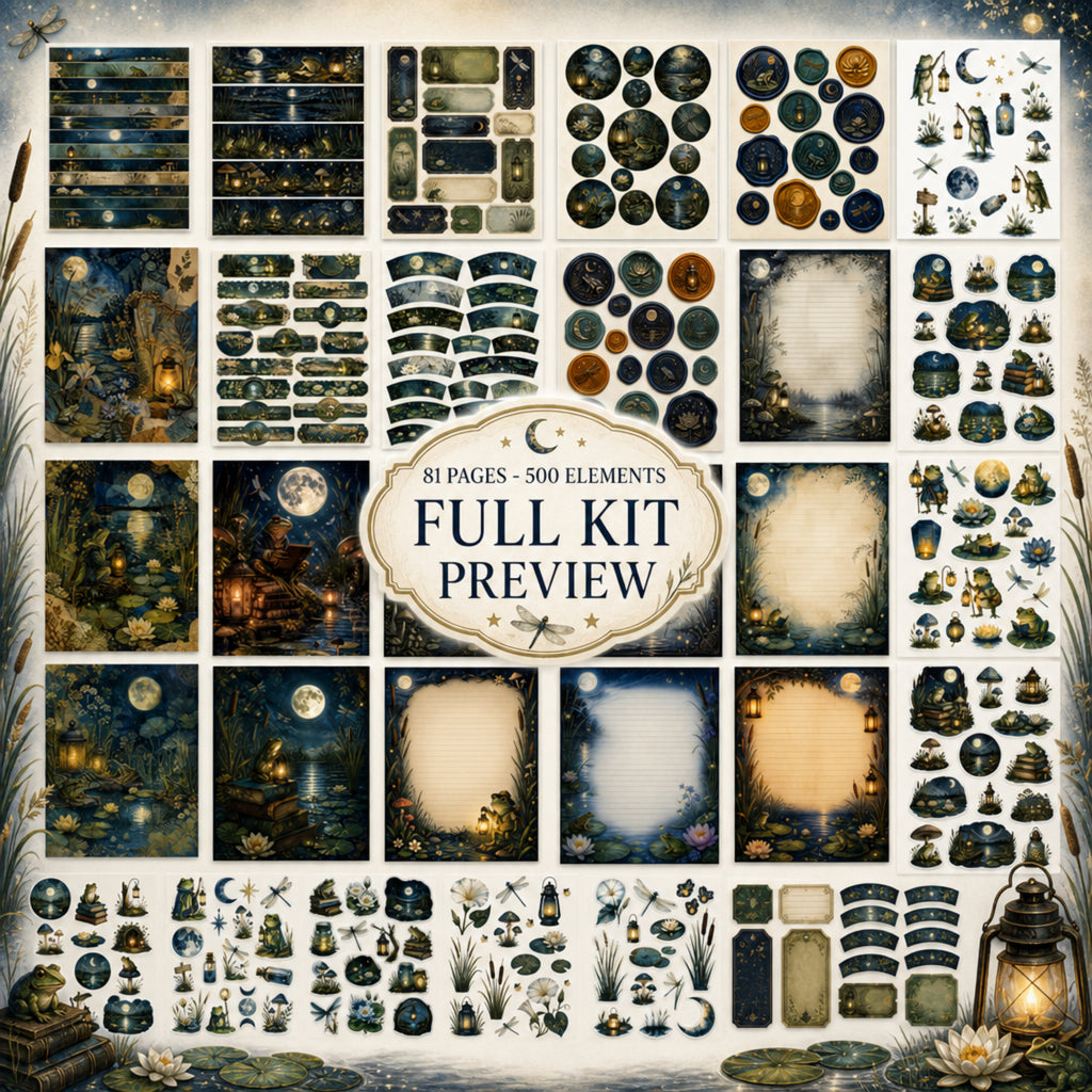 Night Marsh Junk Journal Kit, 81 Page Printable Ephemera Bundle, Frog Journal Kit, Moonlit Marsh Journal Pages, 500 Elements