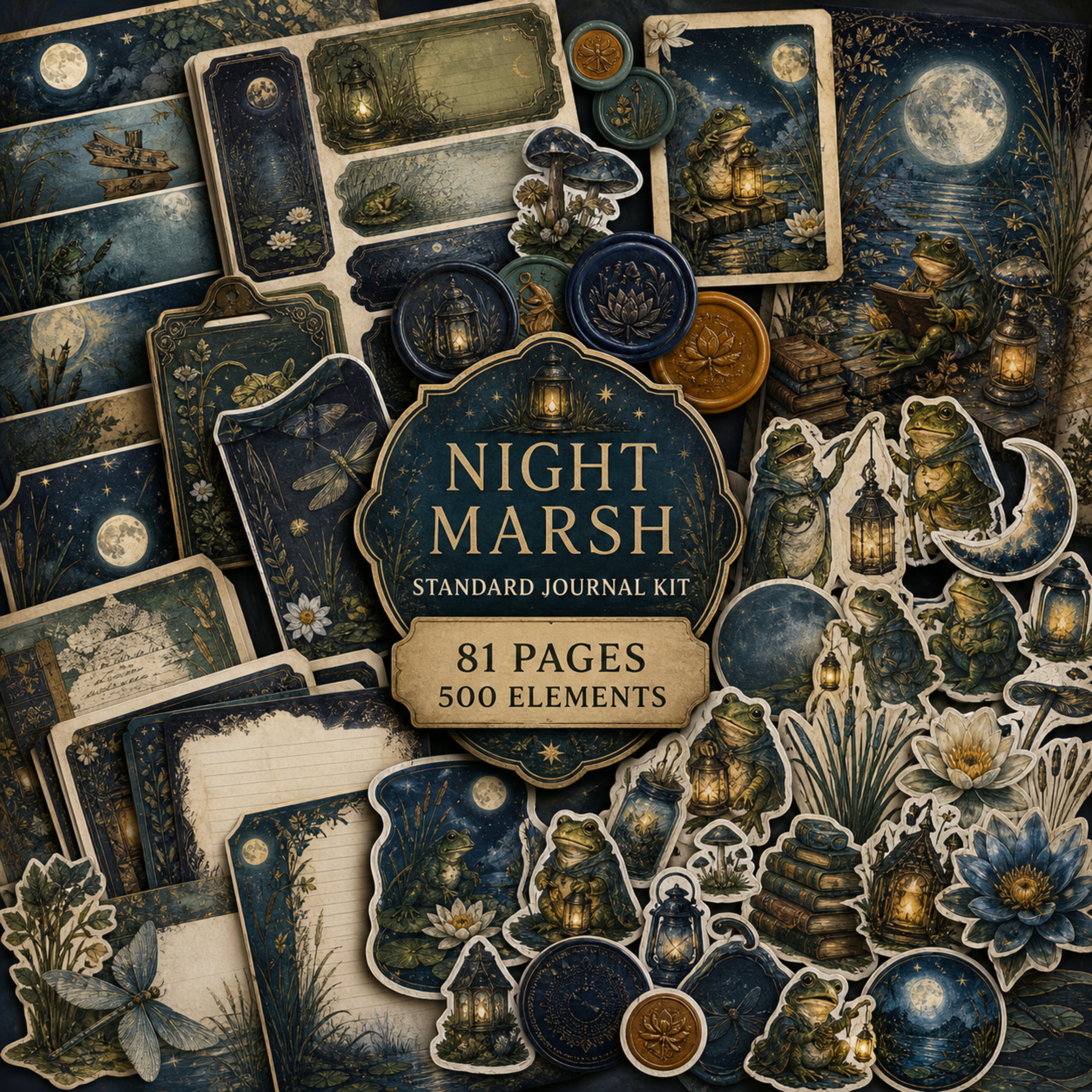 Night Marsh Junk Journal Kit, 81 Page Printable Ephemera Bundle, Frog Journal Kit, Moonlit Marsh Journal Pages, 500 Elements