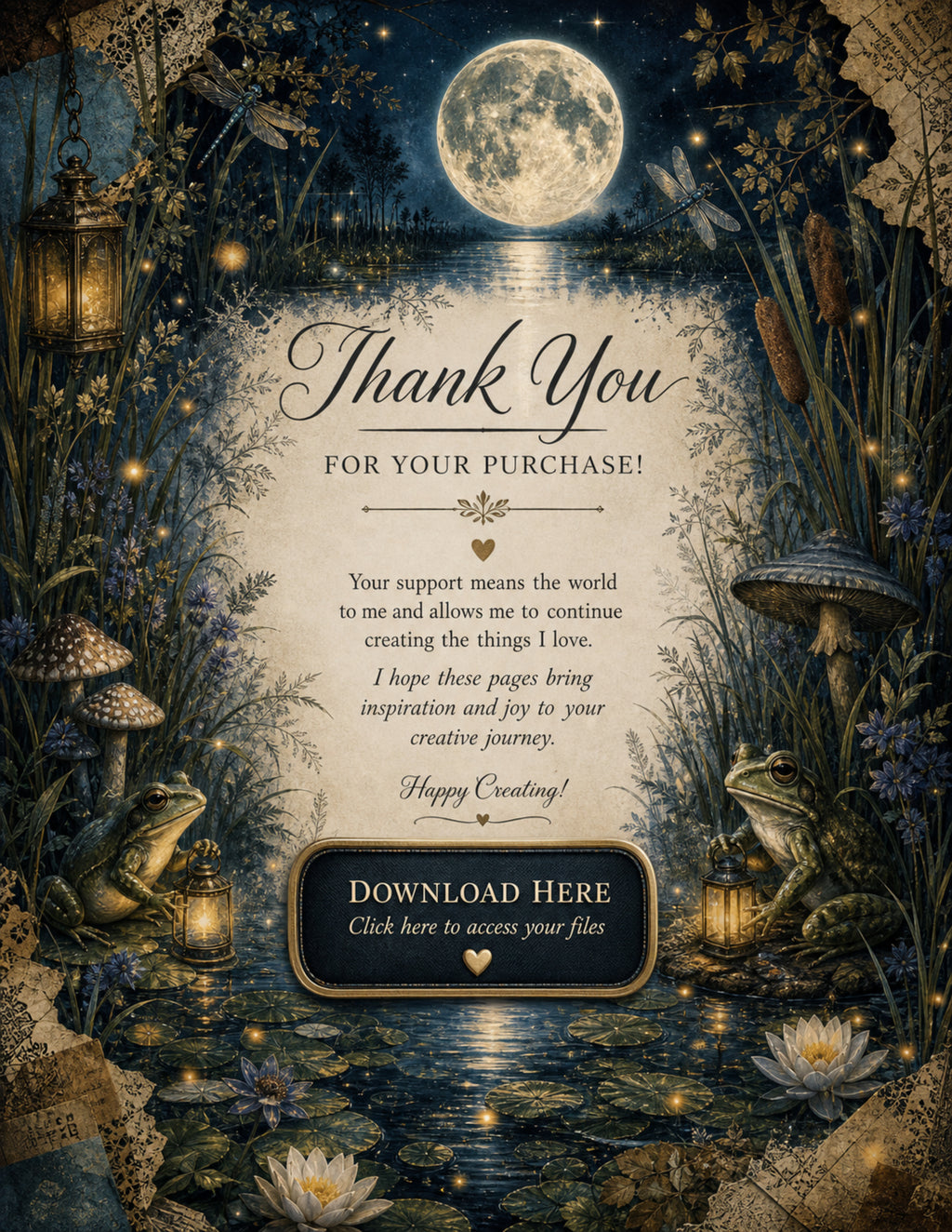 Night Marsh Junk Journal Kit, 81 Page Printable Ephemera Bundle, Frog Journal Kit, Moonlit Marsh Journal Pages, 500 Elements