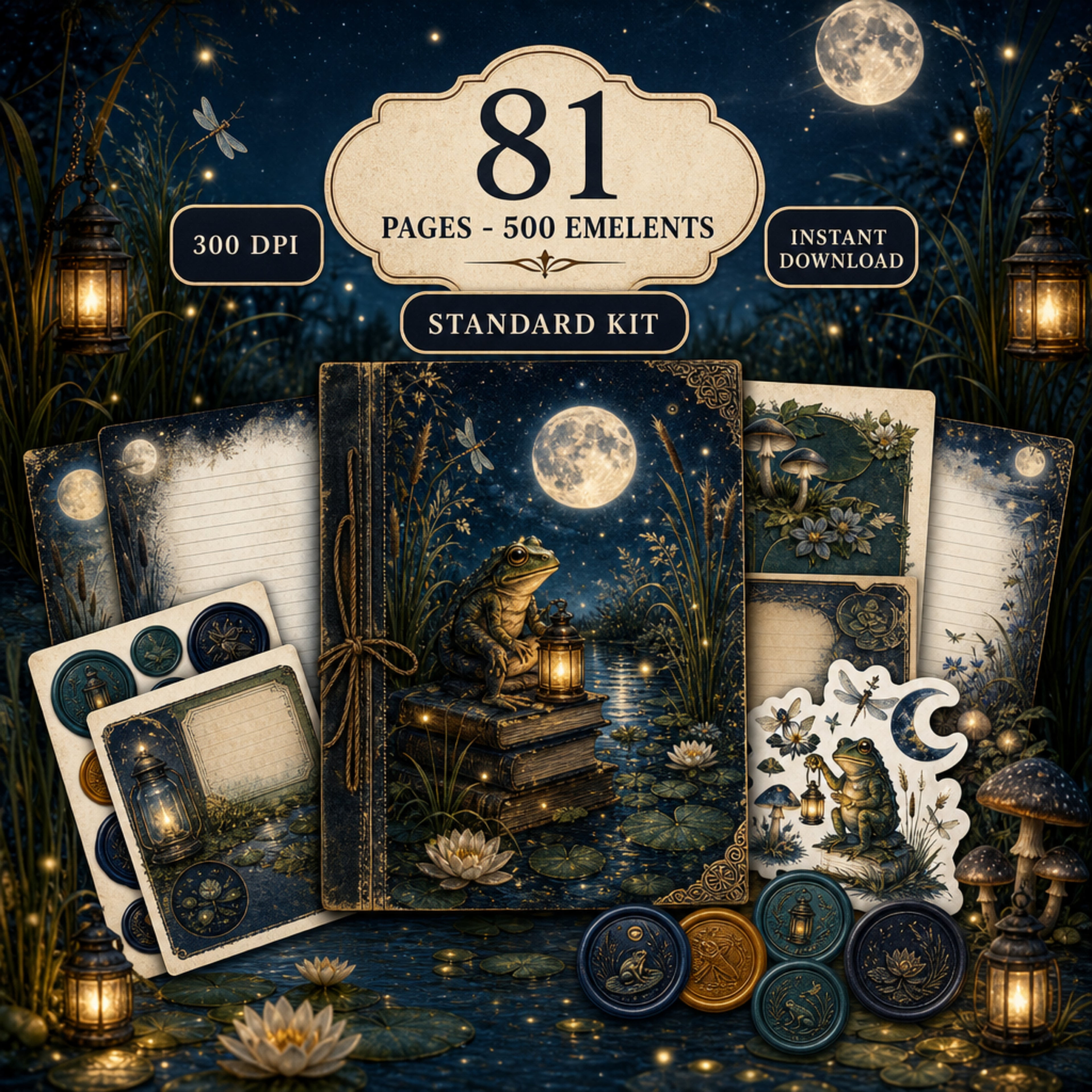 Night Marsh Junk Journal Kit, 81 Page Printable Ephemera Bundle, Frog Journal Kit, Moonlit Marsh Journal Pages, 500 Elements