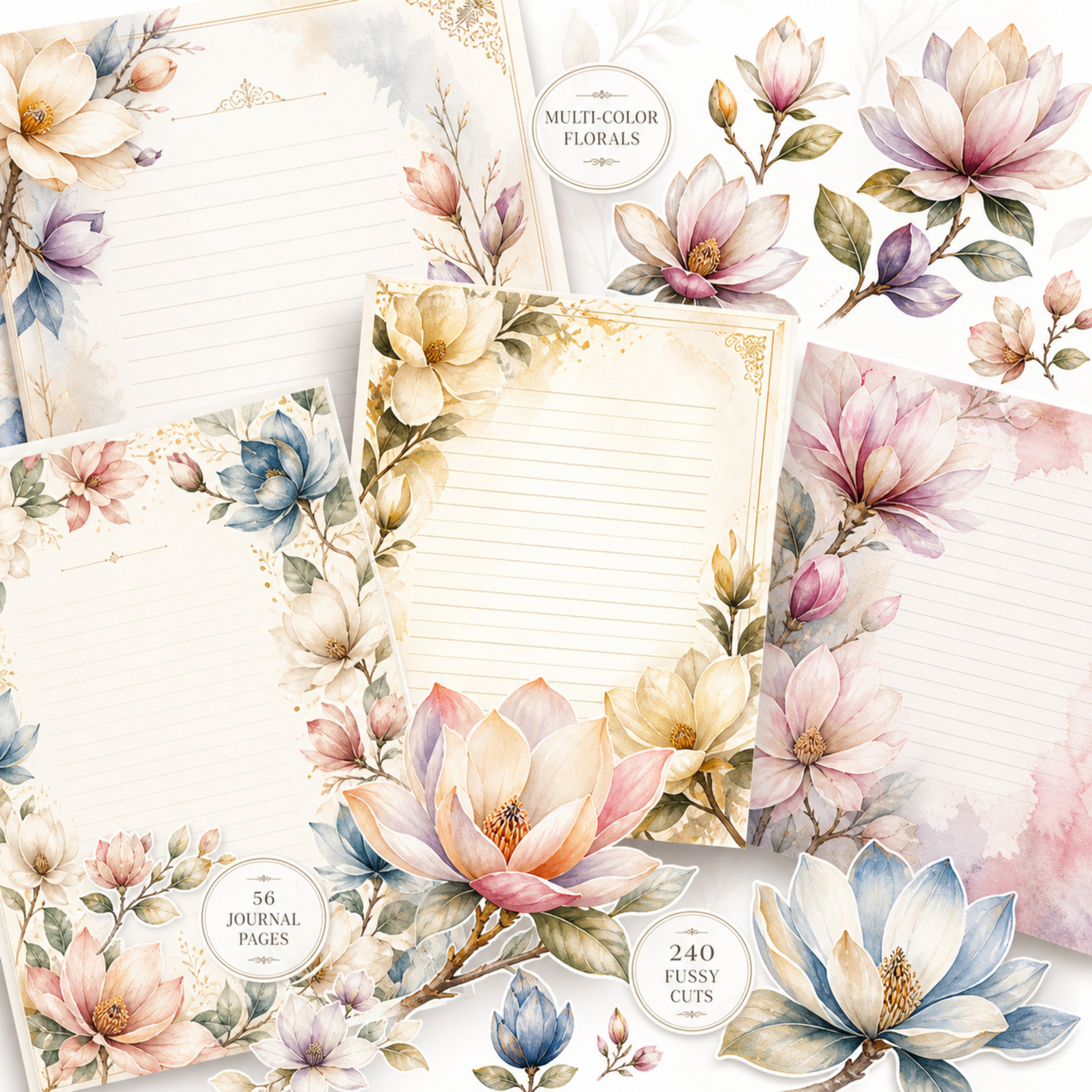 Magnolia Junk Journal Kit, 80 Page Printable Journal Bundle, Floral Ephemera Pack, 240 Fussy Cuts, Vintage Journal Pages