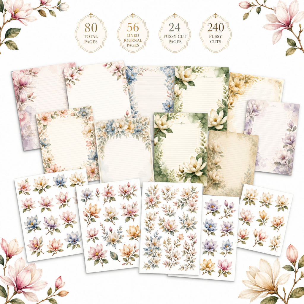 Magnolia Junk Journal Kit, 80 Page Printable Journal Bundle, Floral Ephemera Pack, 240 Fussy Cuts, Vintage Journal Pages