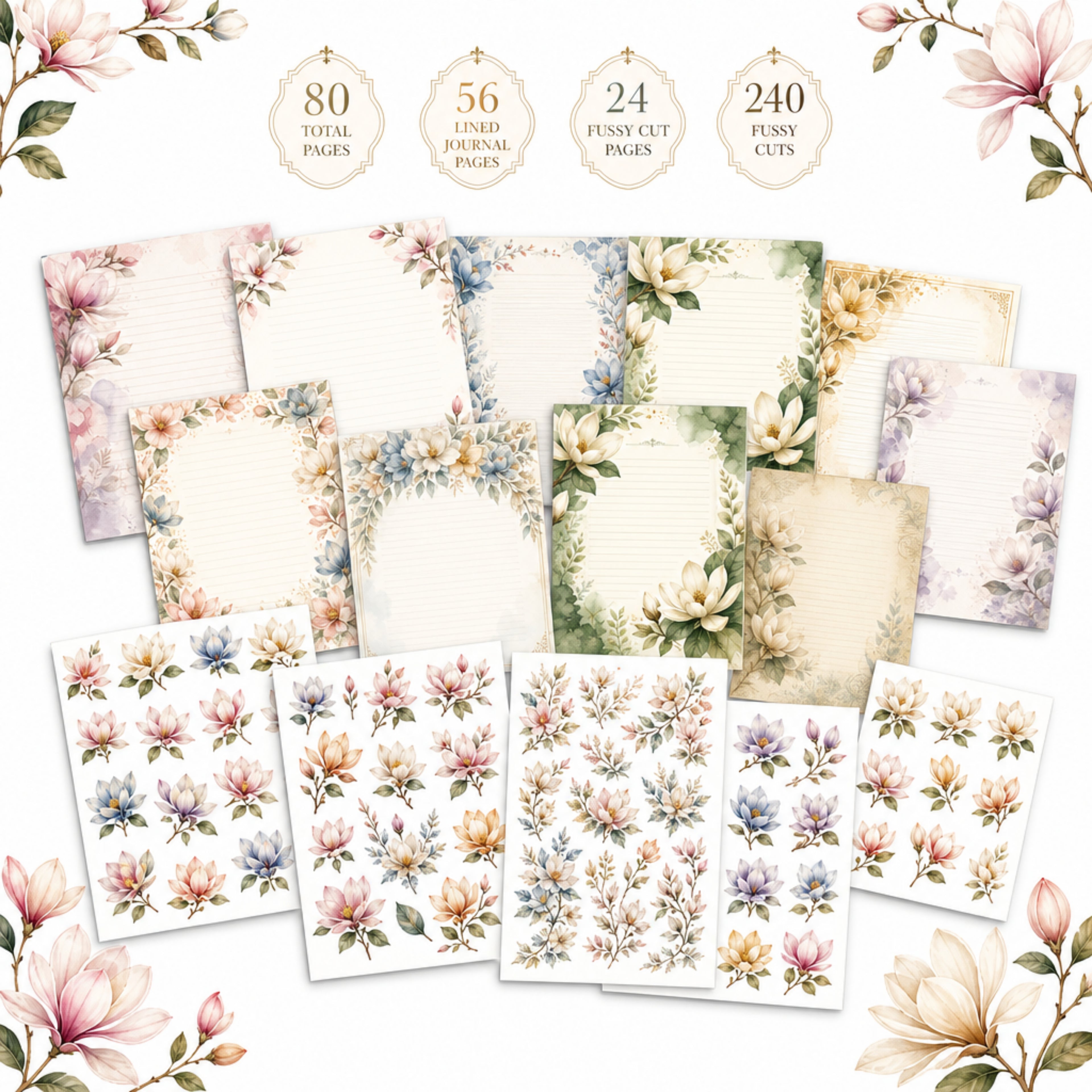 Magnolia Junk Journal Kit, 80 Page Printable Journal Bundle, Floral Ephemera Pack, 240 Fussy Cuts, Vintage Journal Pages
