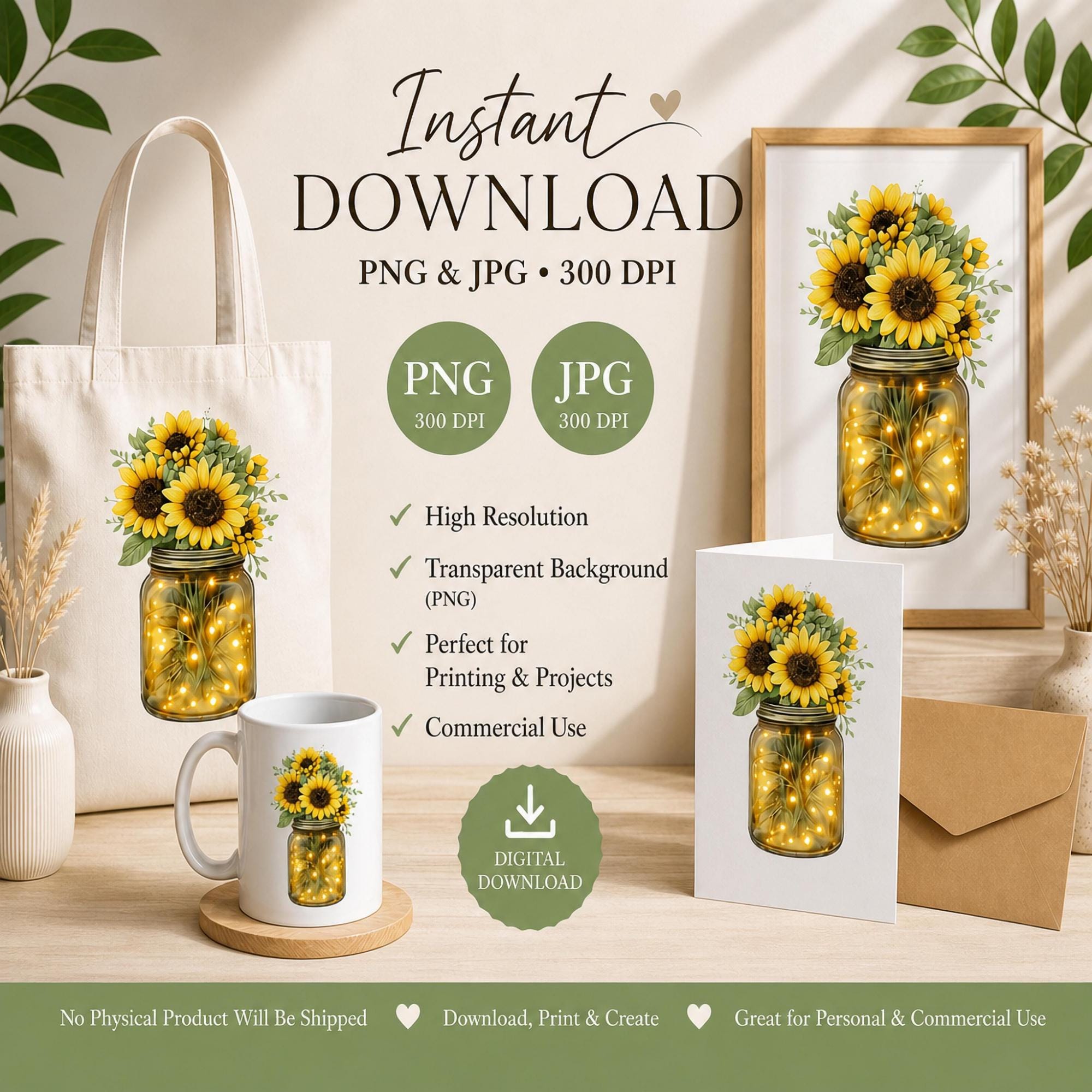 Sunflower PNG, Sublimation, Printable, Print on Demand, Digital Instant Download, Commercial Use, High Quality, Lights