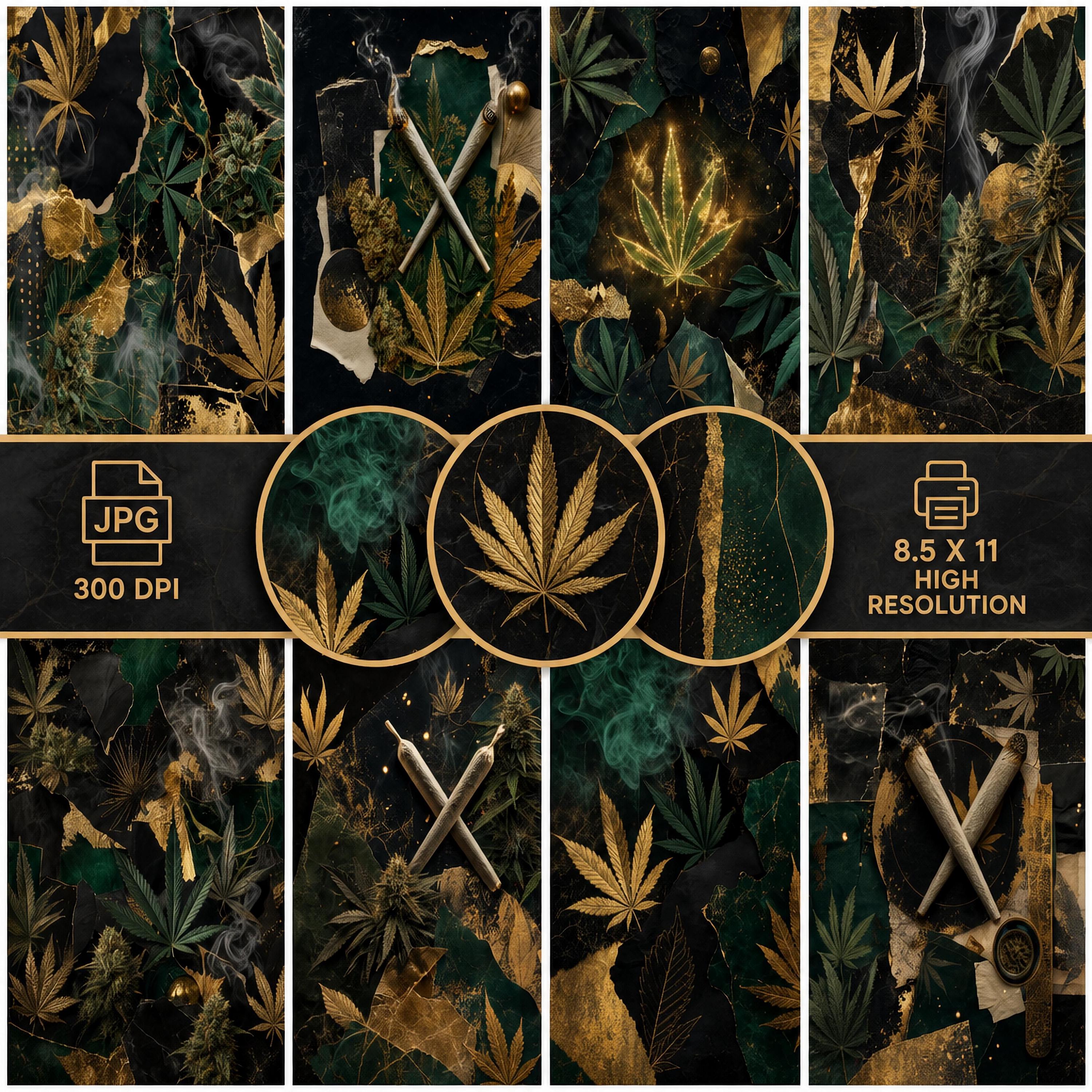 Marijuana Collage Paper Bundle | Twenty-Five Cannabis Digital Papers | Dark Luxury Weed Scrapbook Paper | Junk Journal Printable Backgrounds