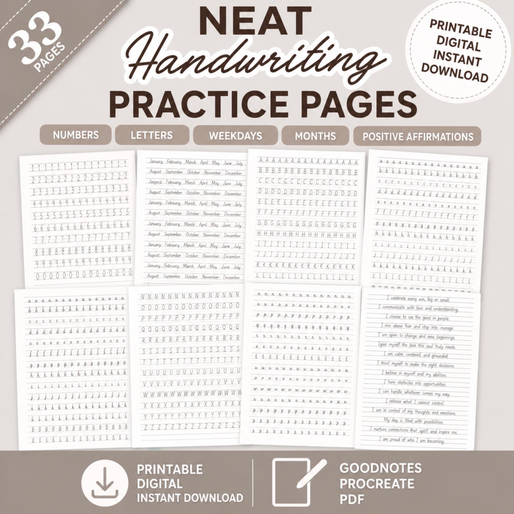 Neat Handwriting Practice sheets, Neat Handwriting Worksheets, Printable PDF, 33 Pages