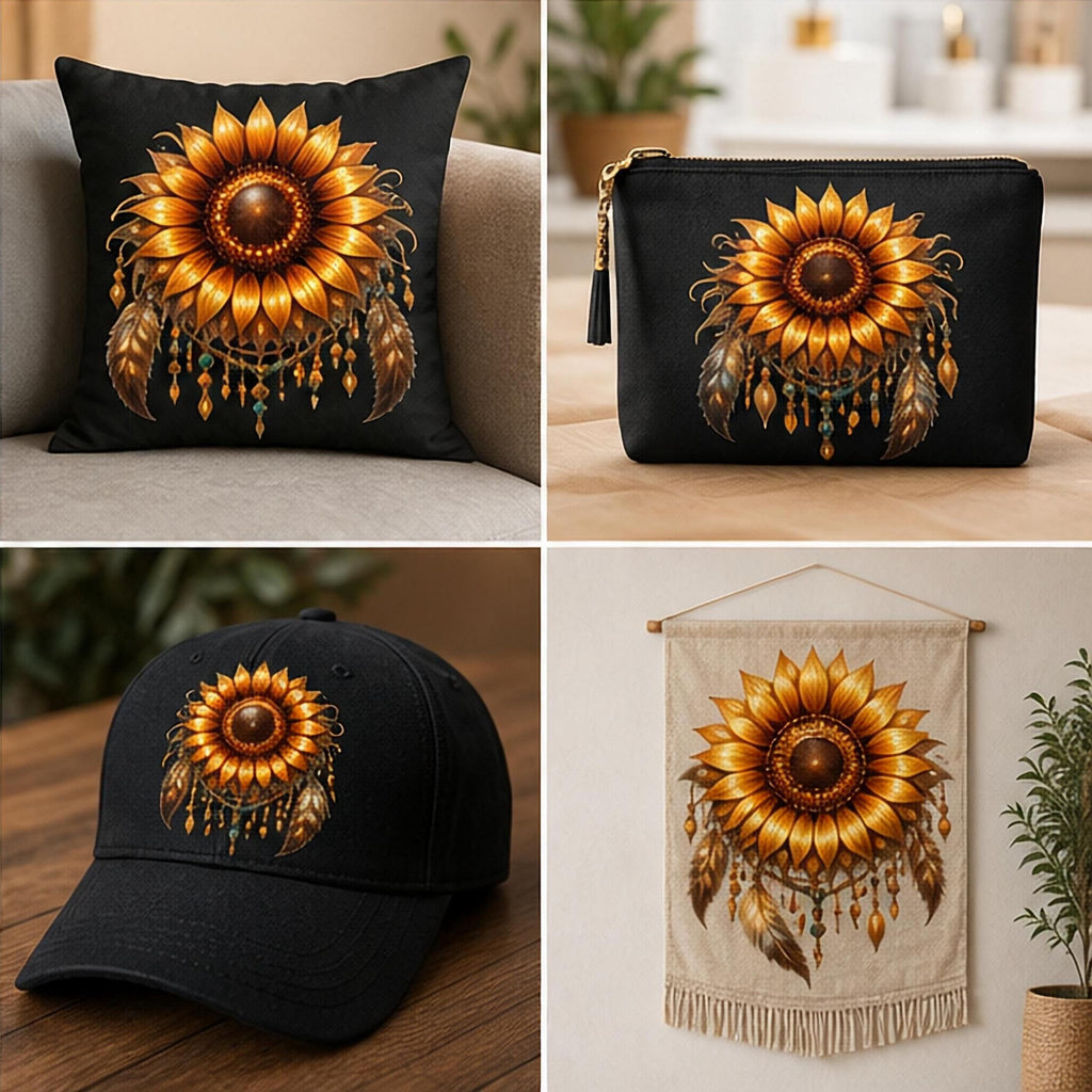 Sunflower PNG Bundle | Set of Four Boho Floral Designs | High Resolution 5000x5000 300 DPI | Sublimation Graphics for Physical Products