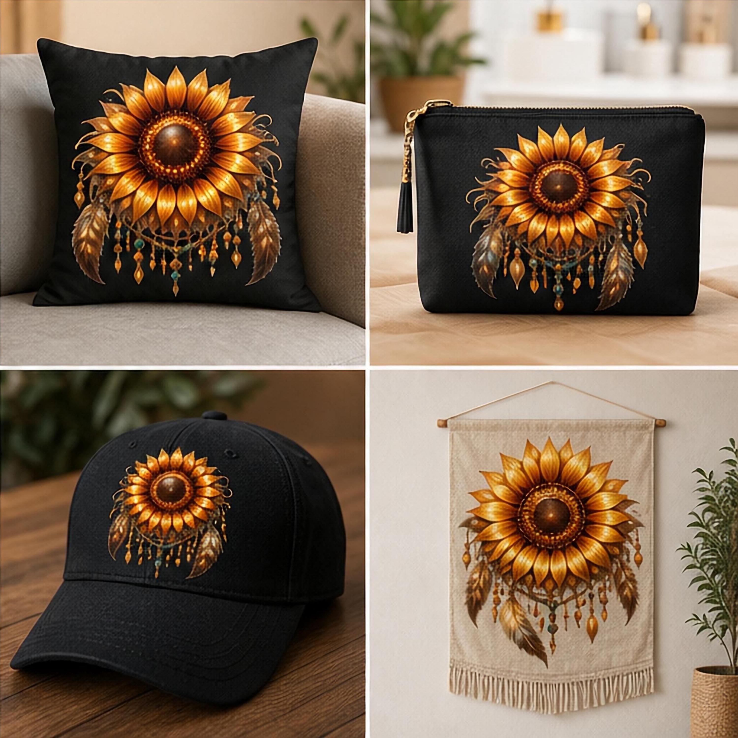 Sunflower PNG Bundle | Set of Four Boho Floral Designs | High Resolution 5000x5000 300 DPI | Sublimation Graphics for Physical Products