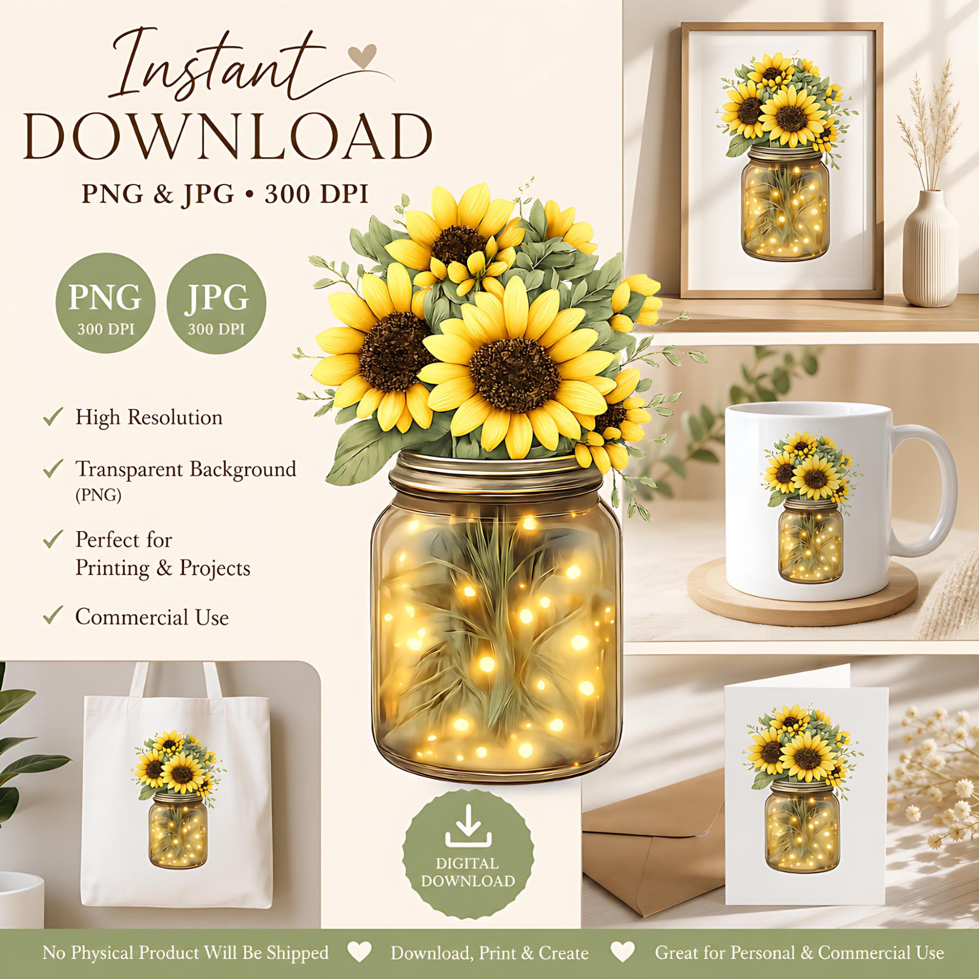 Sunflower PNG, Sublimation, Printable, Print on Demand, Digital Instant Download, Commercial Use, High Quality, Lights