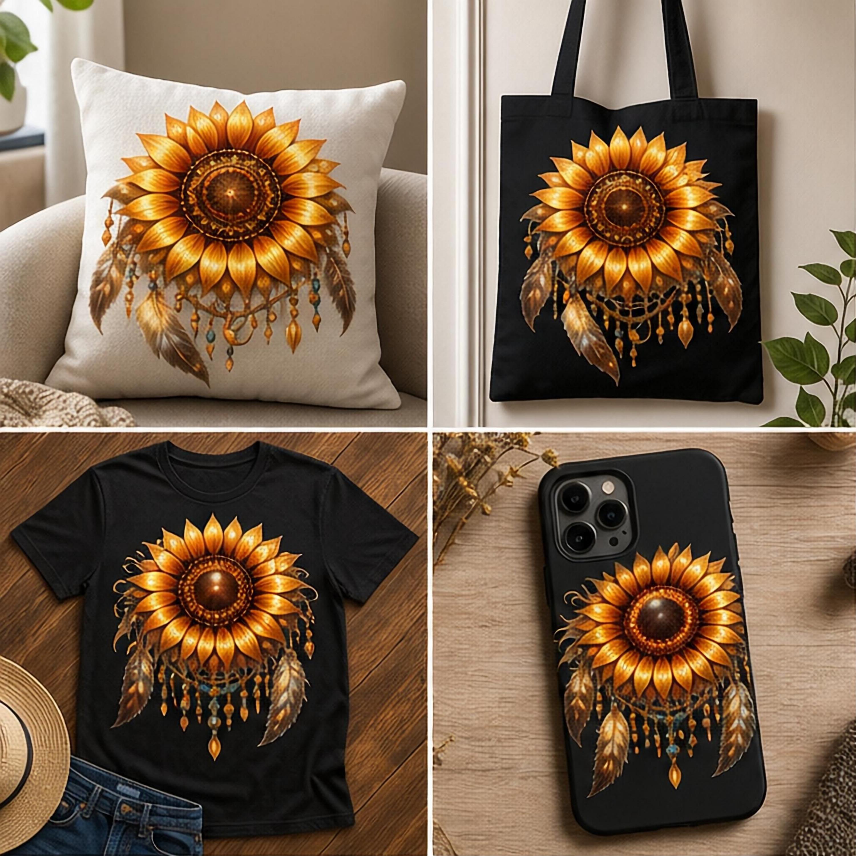 Sunflower PNG Bundle | Set of Four Boho Floral Designs | High Resolution 5000x5000 300 DPI | Sublimation Graphics for Physical Products
