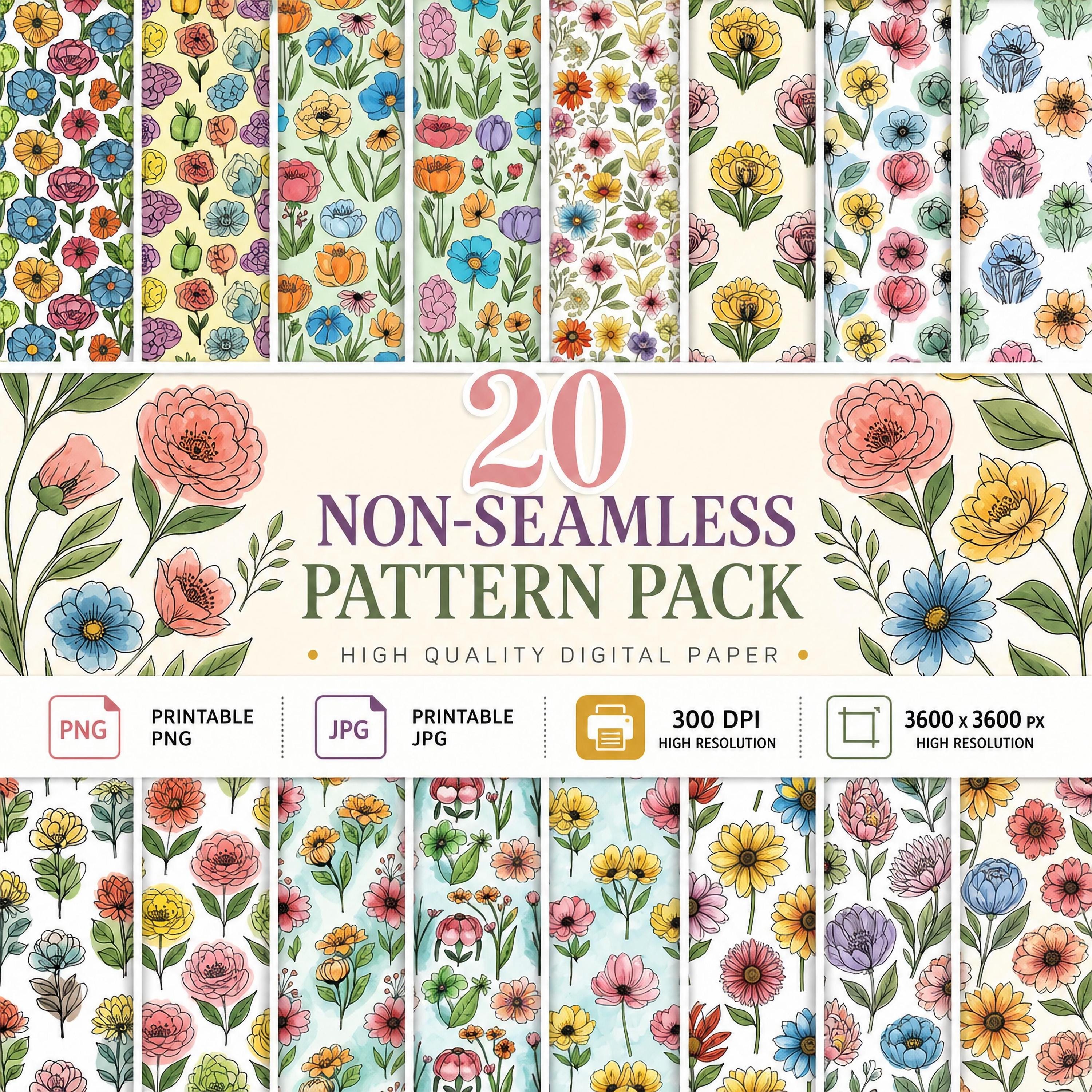 Watercolor Floral Digital Paper Patterns, Junk Paper, PNG, JPG, Printable, 300dpi High Resolution, 3600x3600, 12x12