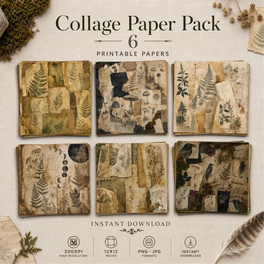 Digital Paper, Collage Paper Pack, Botanical Archive, Junk Journal, Vintage Digital Papers, Dark Academia Paper Pack,  12x12, 300dpi