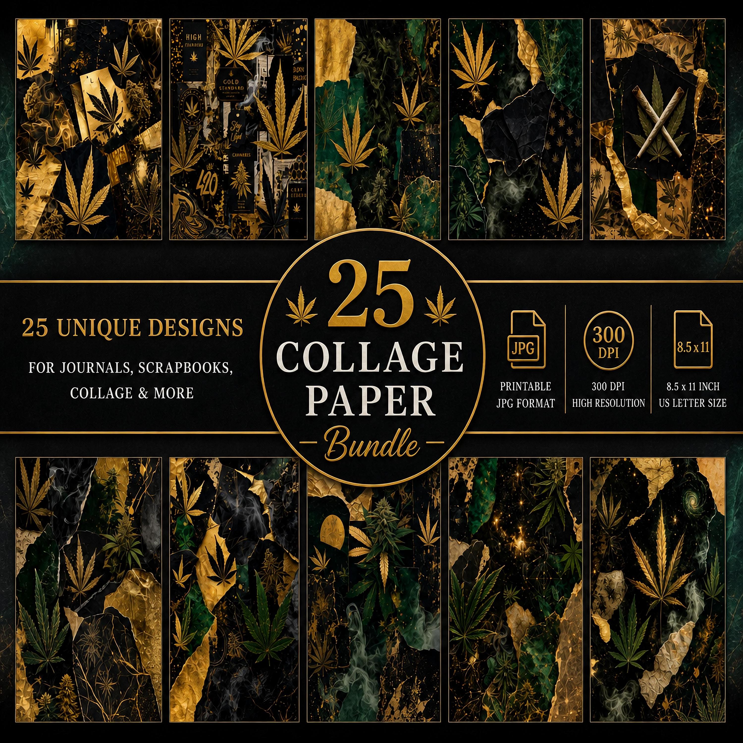 Marijuana Collage Paper Bundle | Twenty-Five Cannabis Digital Papers | Dark Luxury Weed Scrapbook Paper | Junk Journal Printable Backgrounds