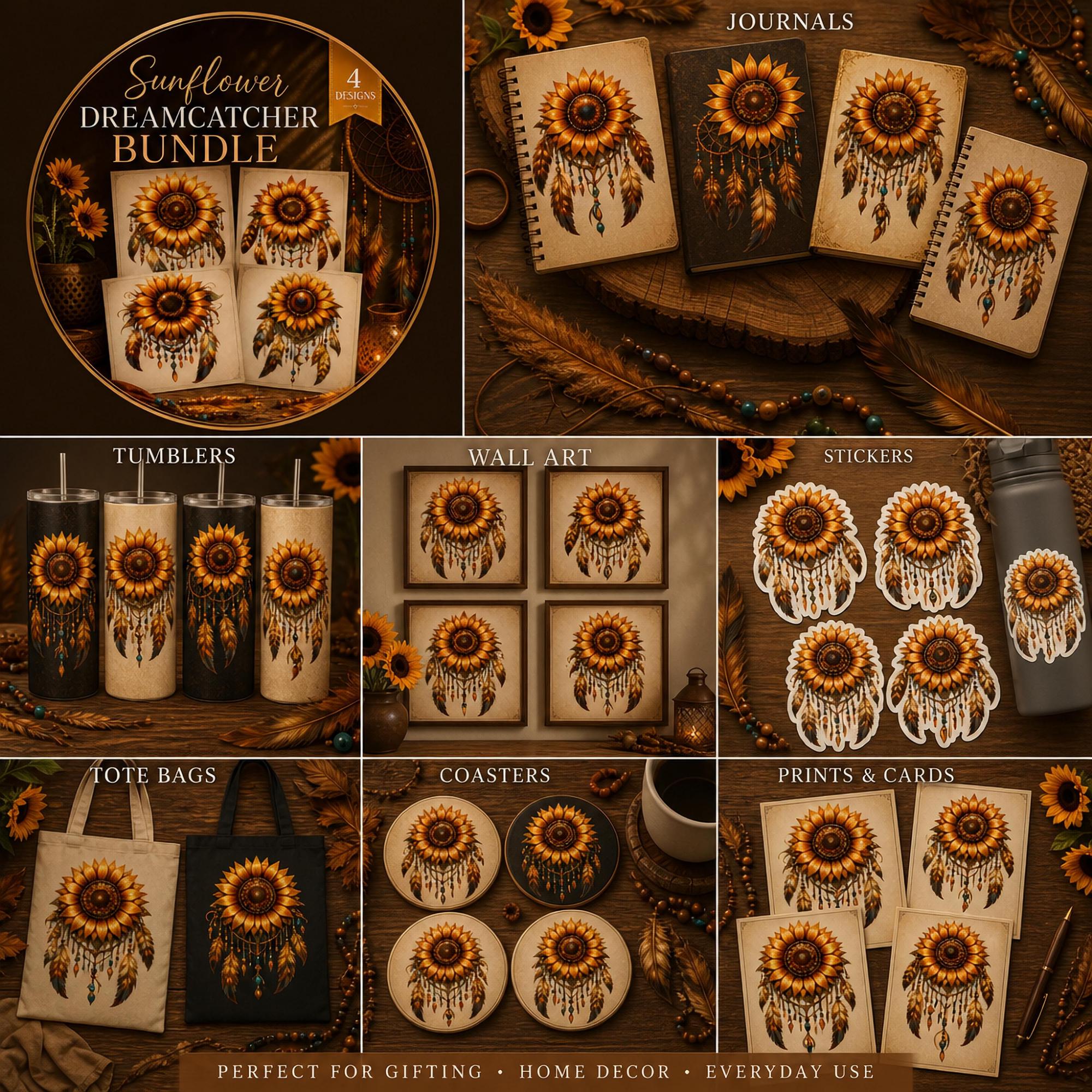 Sunflower PNG Bundle | Set of Four Boho Floral Designs | High Resolution 5000x5000 300 DPI | Sublimation Graphics for Physical Products
